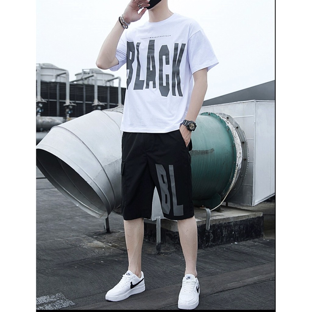 Rẻ Vô Địch  Bộ Quần Áo Thun Lưới Mè Nam Ngắn Tay In chữ black - đồ mặc Hè Nữ Tay ngắn Cổ tròn thoáng mát