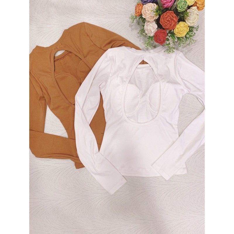 Áo Thun Nữ Kiểu Hở Lưng Tay Dài Có Kèm Mút Ngực Áo Cổ Tròn Khoét Hở Lưng