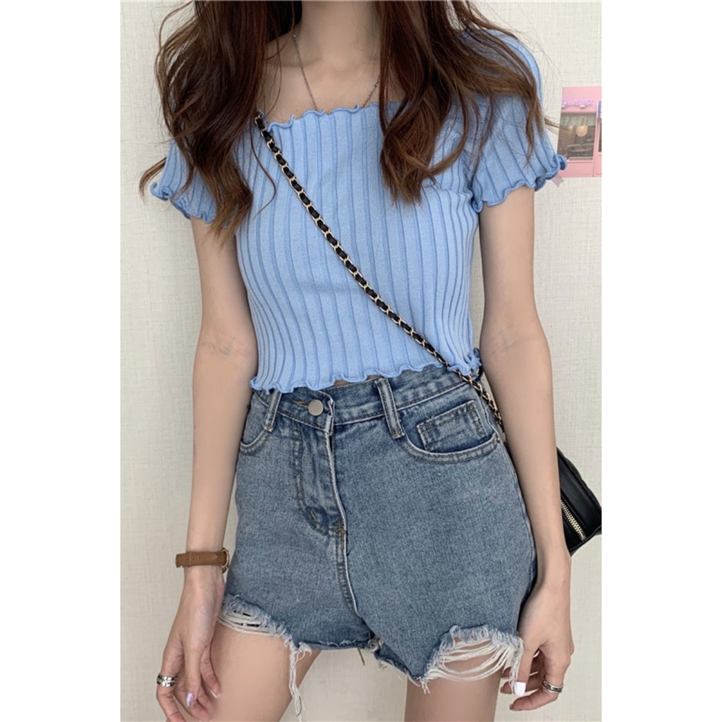 Áo croptop nữ, Áo ngắn tay nữ trễ vai sành điệu, hàng dệt kim xịn xò | BigBuy360 - bigbuy360.vn
