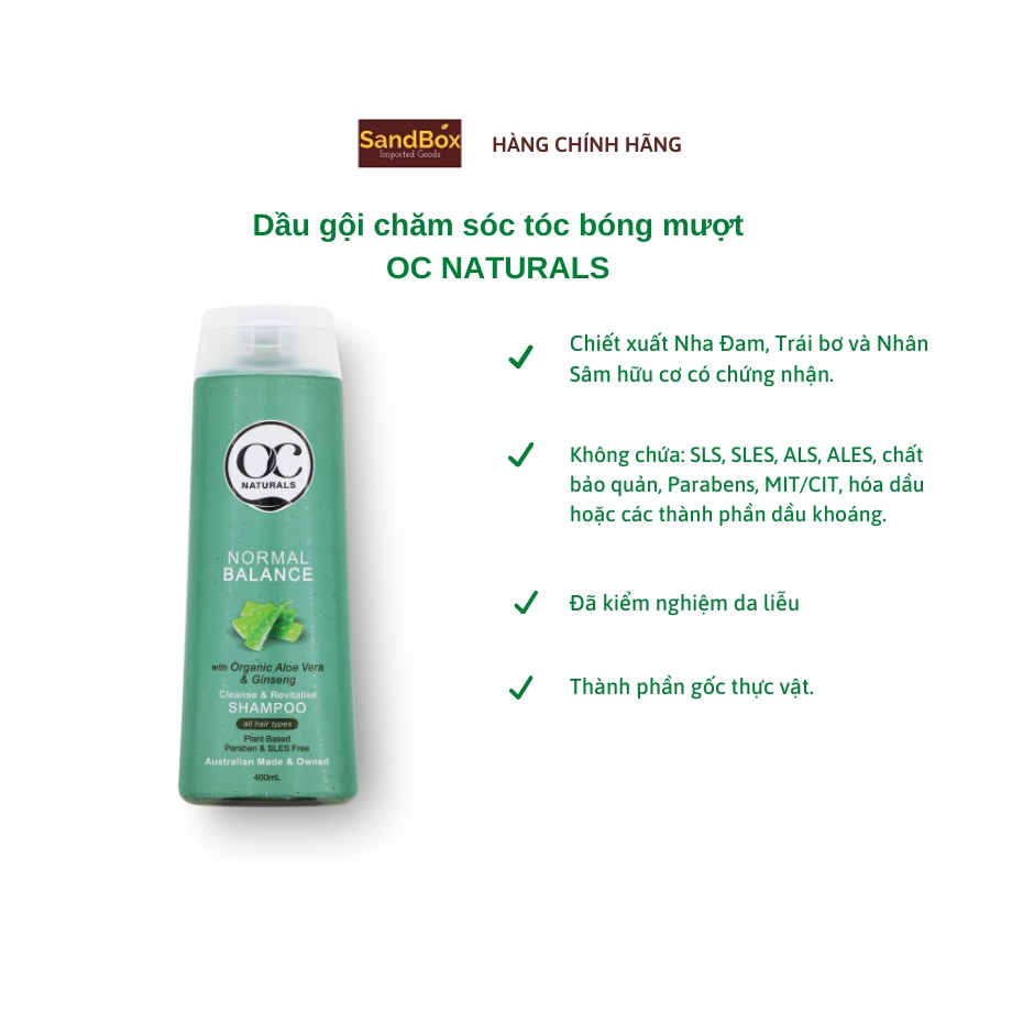 Dầu Gội dưỡng tóc bóng mượt chiết xuất nha đam và dầu trái bơ OC Naturals Úc 400 ml