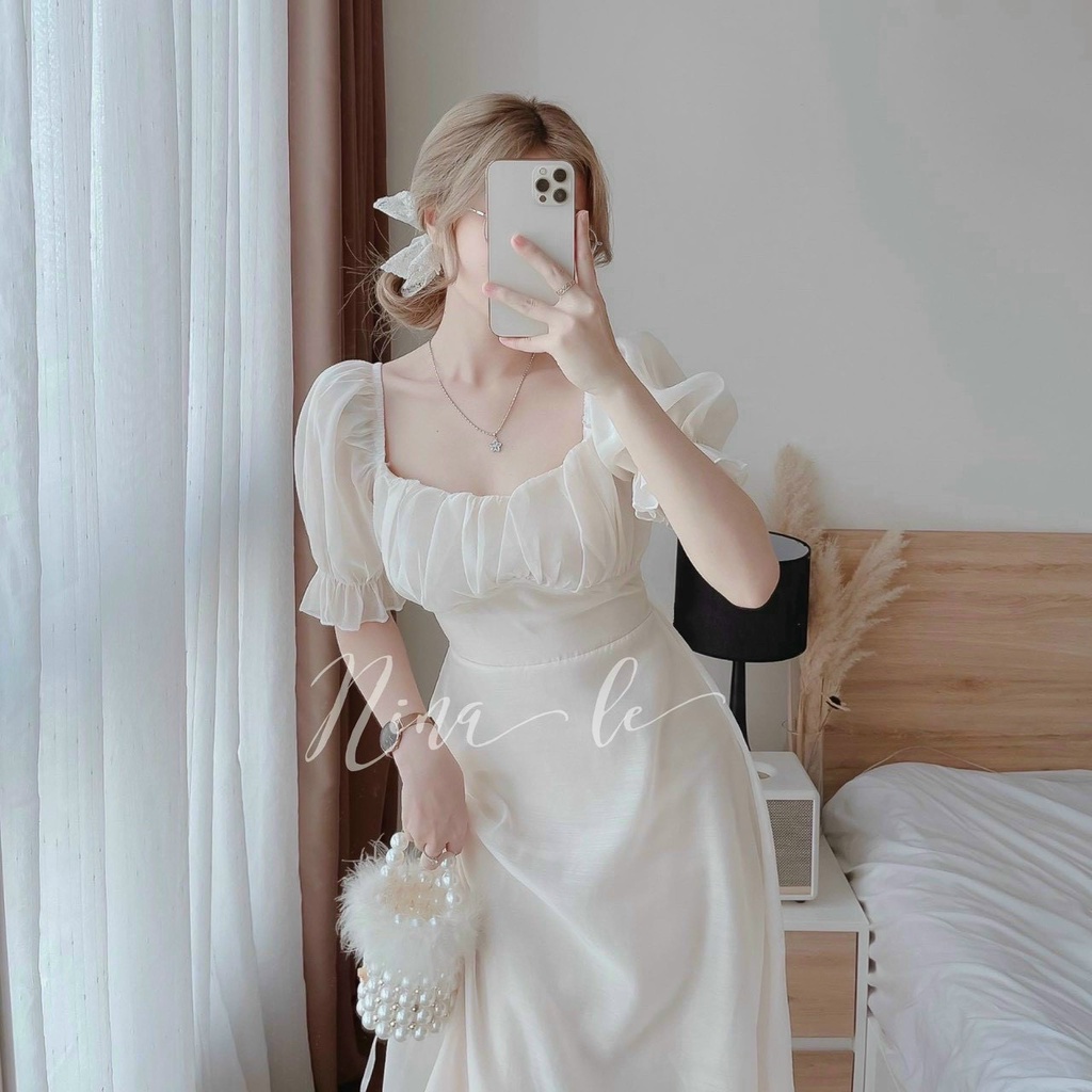 [HCM] Đầm Dự Tiệc Xếp Ly Tay Phồng  (Có Mút Ngực) Thời Trang Nữ Sam Closet Free Size 40-55kg