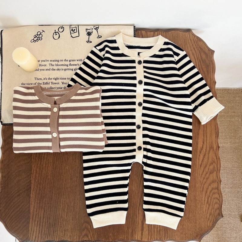 Bộ Áo Liền Quần Bằng Cotton Tay Dài Họa Tiết Kẻ Sọc Phối Màu Thời Trang Mùa Thu Phong Cách Hàn Quốc Dành Cho Bé Trai Gái 0-2 Tuổi