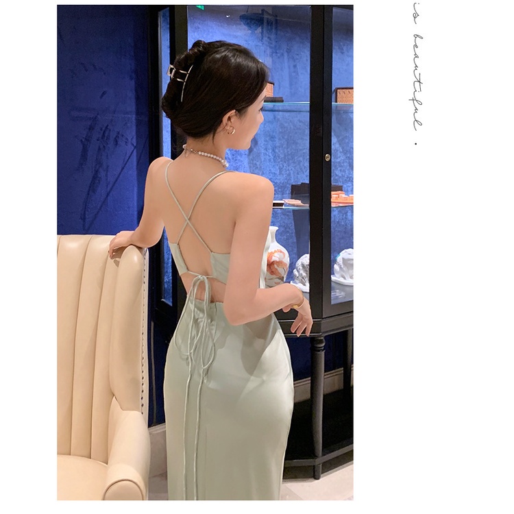 Đầm midi lụa satin xanh ngọc dây cổ đỗ đan dây hở lưng gợi cảm Dayu