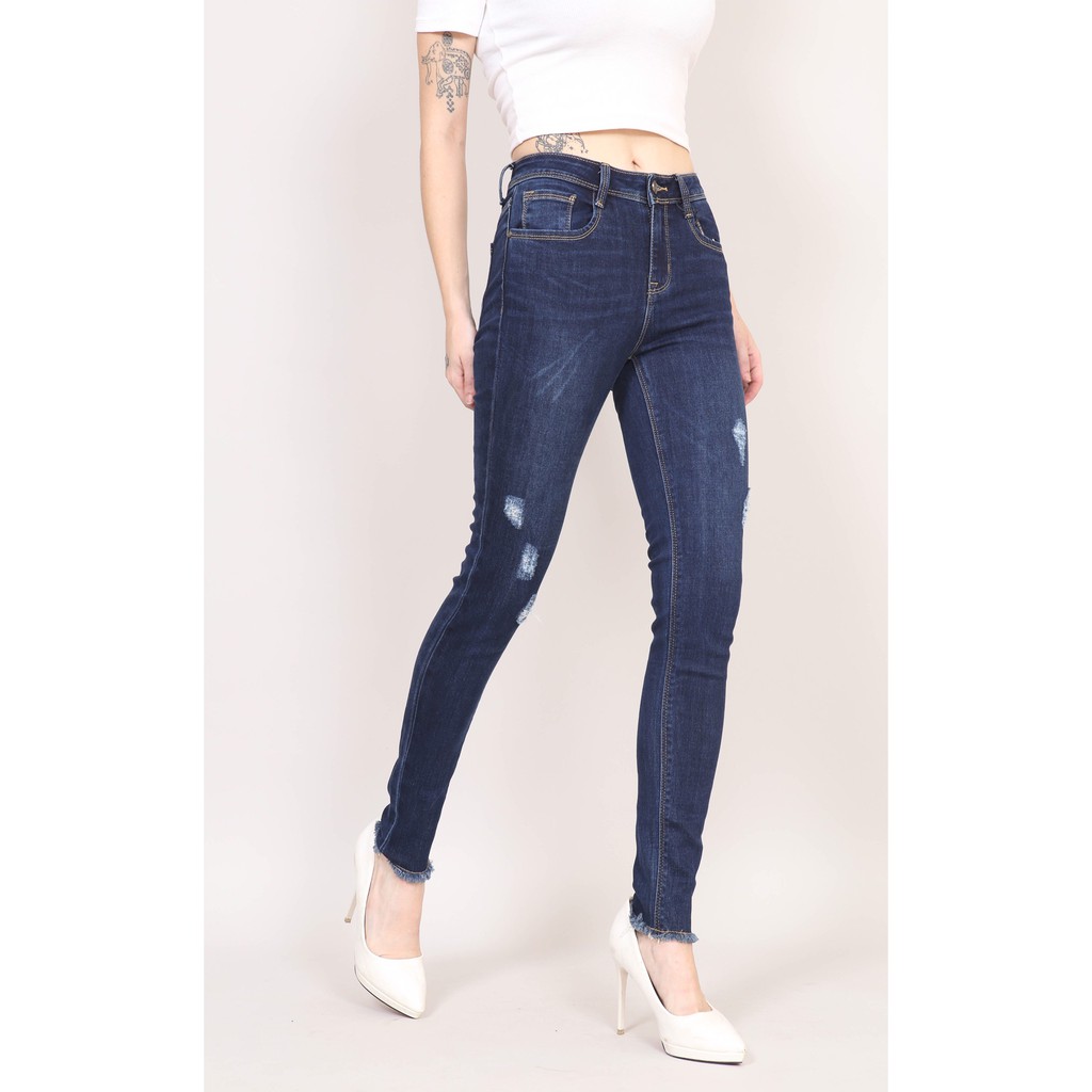 Quần Jean Nữ  Skinny Cạp Cao co giãn Gấu Tua Rua Rách CT Jeans
