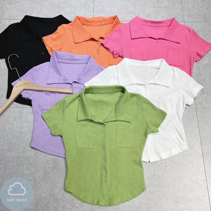 Áo thun nữ cổ sơ mi tay ngắn nút gài chất len gân dày dặn ôm body siêu xinh