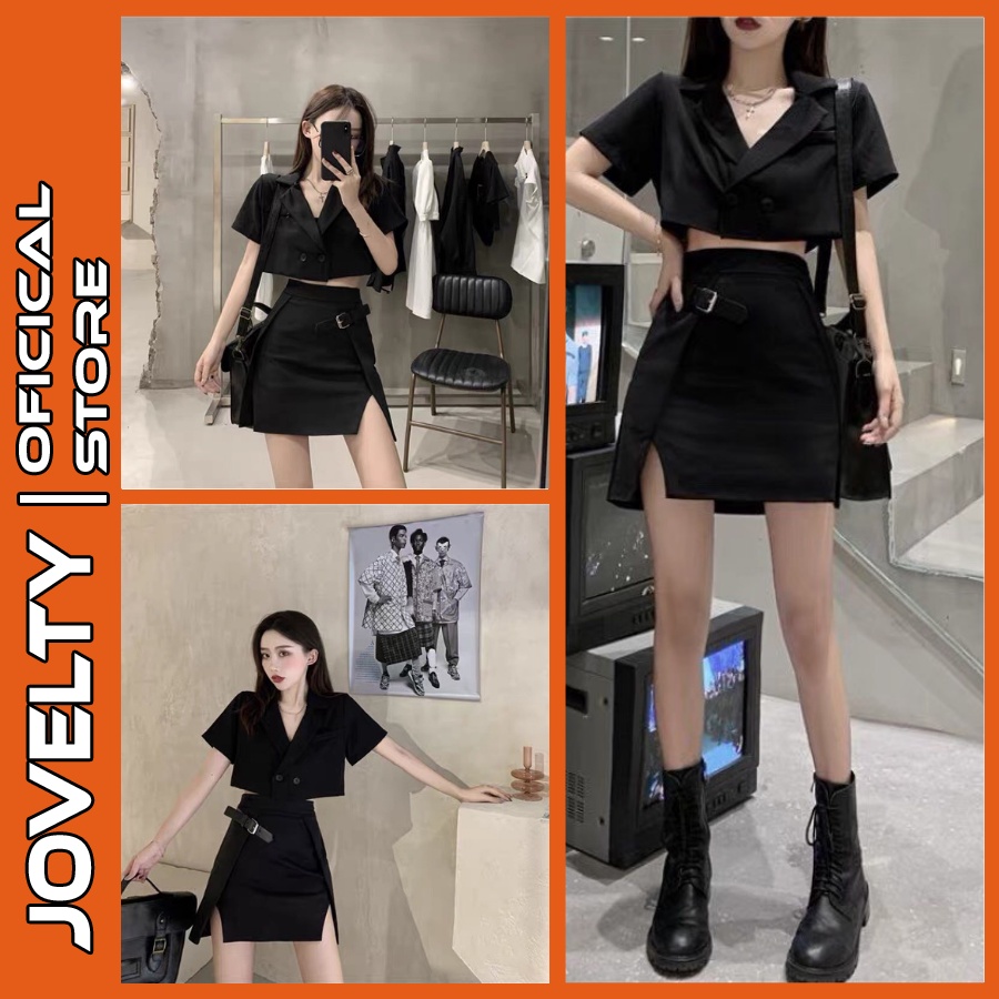Set Bộ Vest Croptop Chân Váy Xẻ Đen Và Kẹp Váy Chất Tuyết Mưa JOVELTY