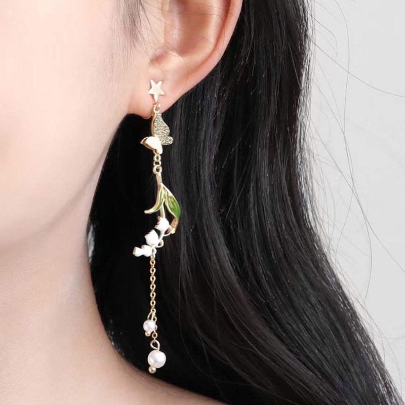 Hoa Tai Dáng Dài Mạ Bạc 925 Phối Tua Rua Hình Bướm/Lá Đính Ngọc Trai Phong Cách Mới