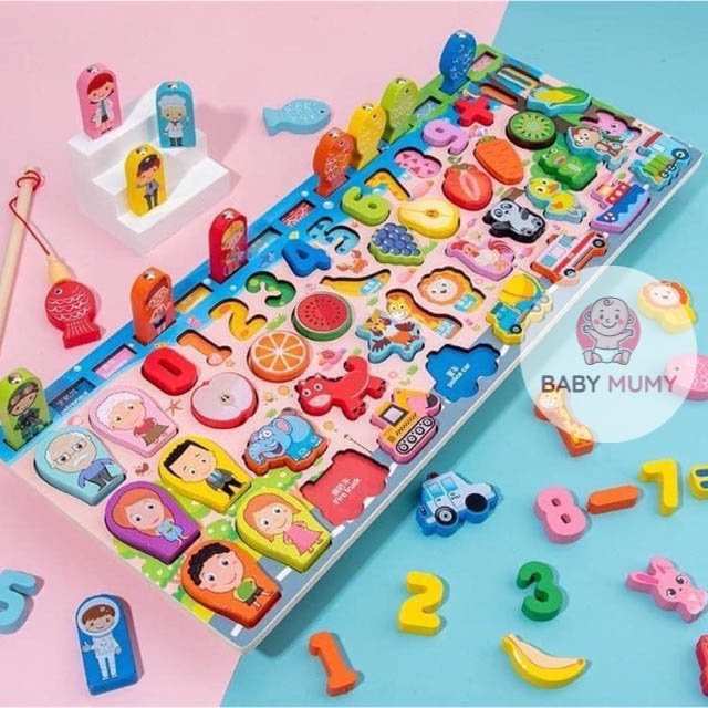 Bộ Bảng Gỗ Ghép Hình Thông Minh Kết Hợp Câu Cá Cho Trẻ Học Đếm Số Và Chữ Cái Phát Triển Tư Duy
