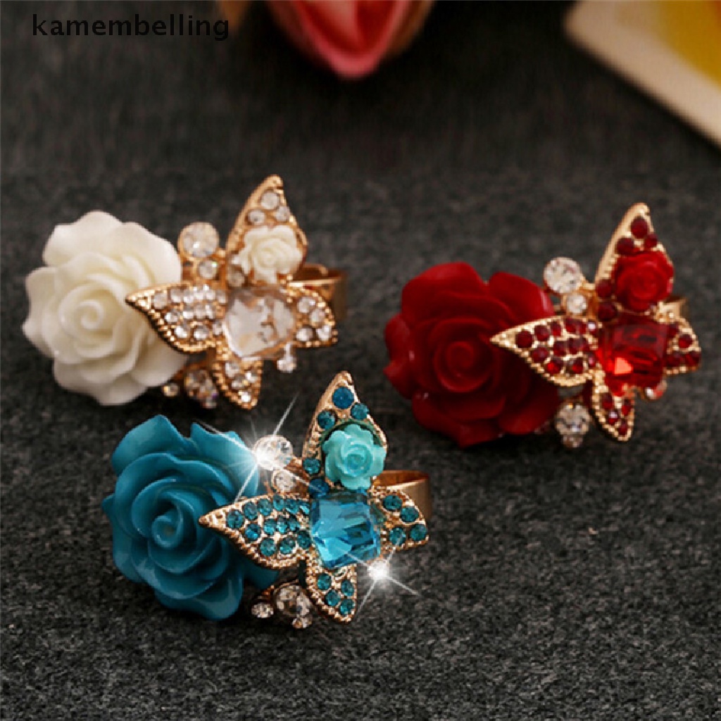 Nhẫn Đính Hôn Họa Tiết Bướm Và Hoa Hồng Đính Đá Pha Lê Có Thể Điều Chỉnh Kích Cỡ