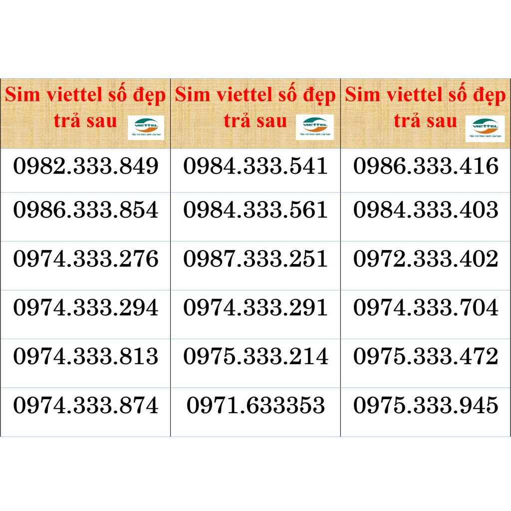 SIM VIETTEL TRẢ SAU - ĐẦU 09 CÓ TAM HOA 000, 111, 222, 333, 555 GIỮA MỚI NHẤT