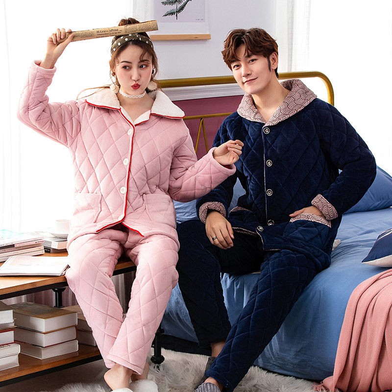 ♚☾○Cặp đôi pyjama nữ mùa thu và đông dày ba lớp chần bông dài tay ấm áp bộ đồ nam bằng vải nỉ tại nhà dịch vụ [p