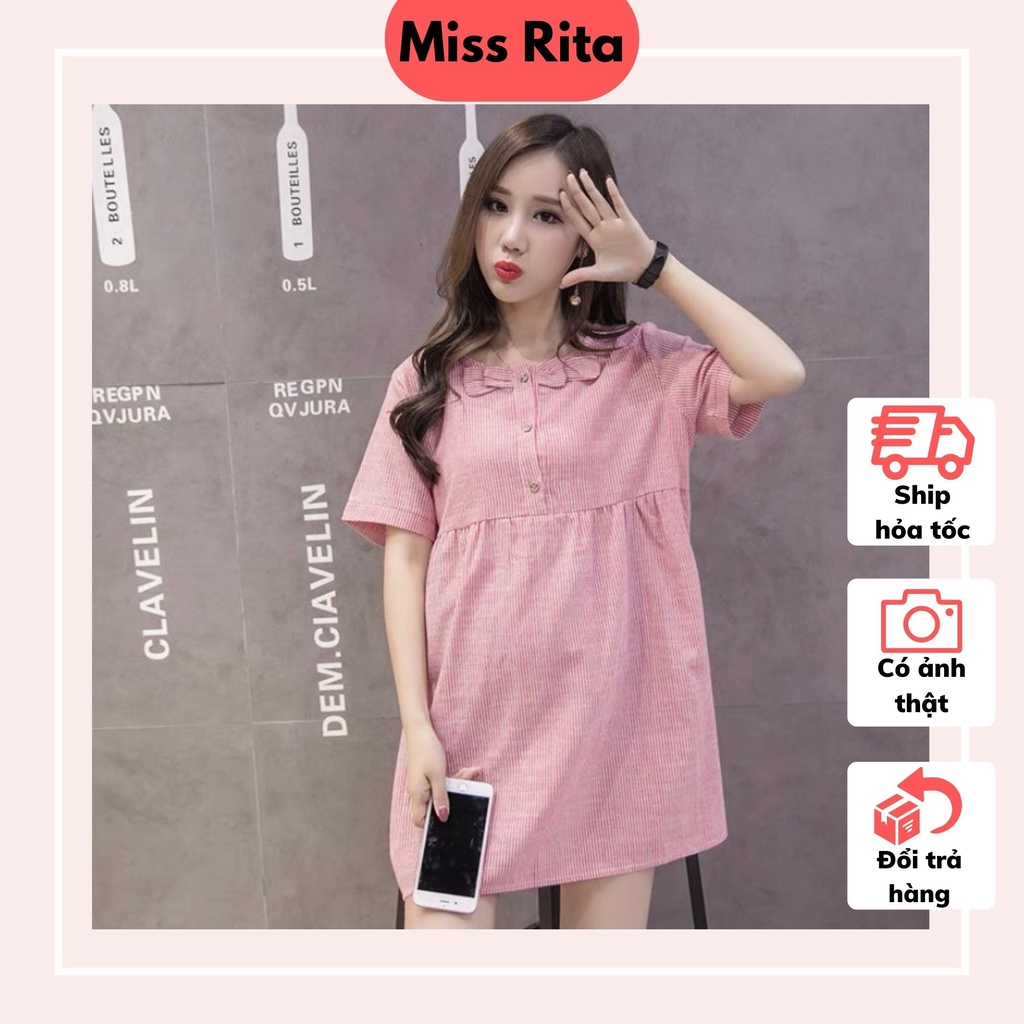 Áo babydoll MISS RITA dáng babydoll Áo bầu công sở thiết kế kẻ sọc nơ cổ xinh xắn thiết kế bởi Đầm Bầu Nhung Huấn