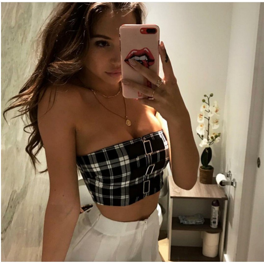 Stylish cotton square stripe pattern ao dai for women ulzzang plaid straps tank top | BigBuy360 - bigbuy360.vn