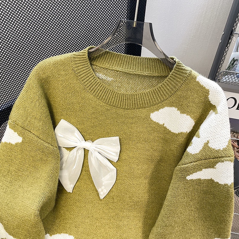 Áo Sweater Cổ Tròn Phối Nơ Xinh Xắn Theo Phong Cách Hàn Quốc