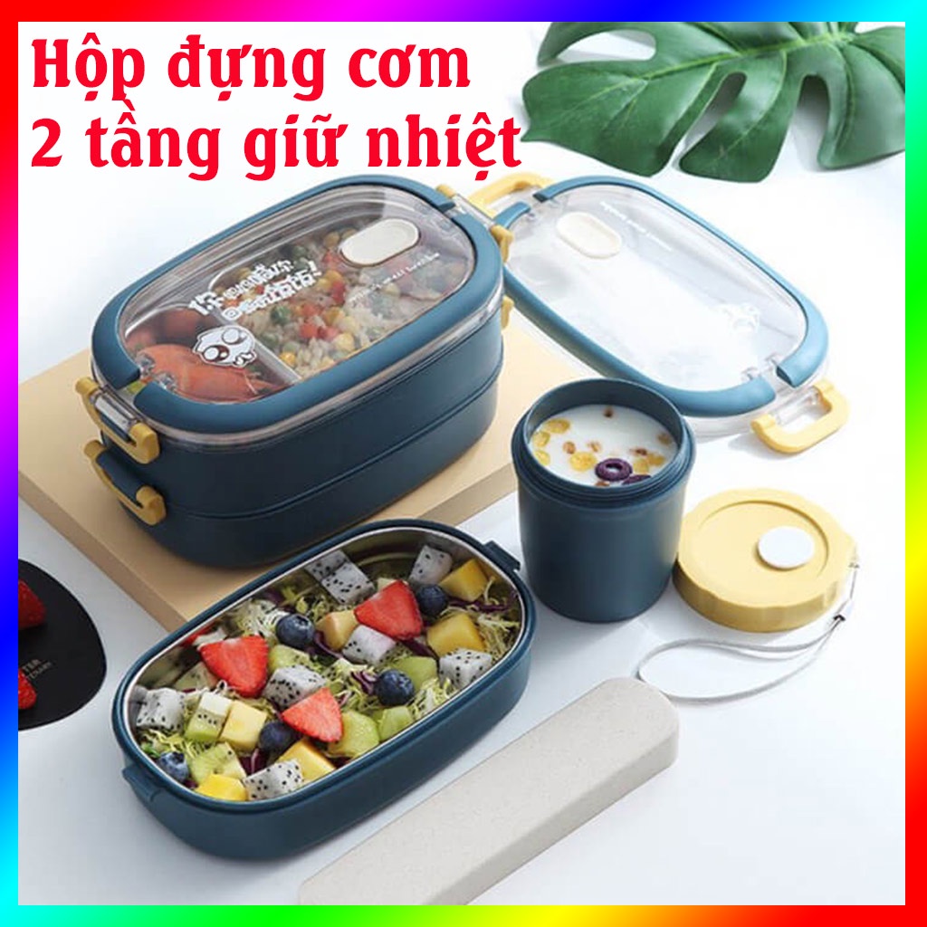 Hộp Cơm Giữ Nhiệt 2 Tầng Inox Tặng Kèm Bộ Thìa Đũa, Cặp Lồng Cao Cấp Đựng Thức Ăn Có Thể Hâm Nóng Bằng Lò Vi Sóng