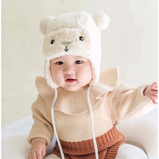 Mũ lông cừu mặt gấu cho bé