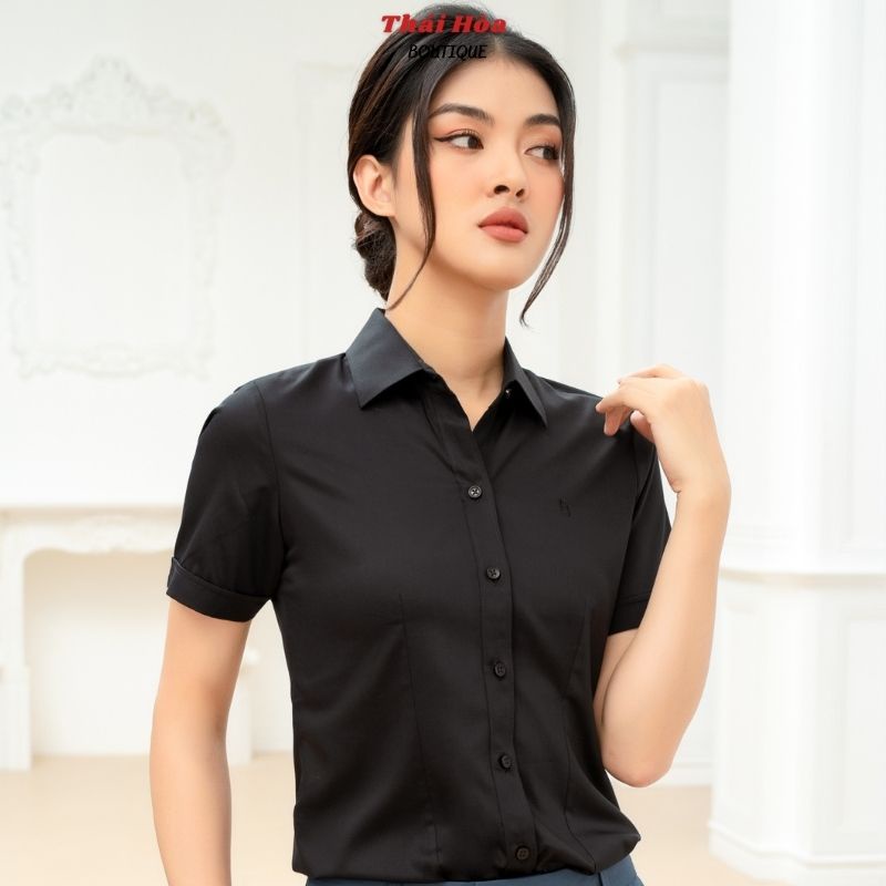 Áo sơ mi nữ công sở đen ngắn tay cao cấp kiểu bigsize sợi tre Thái Hoà N8919-15-01