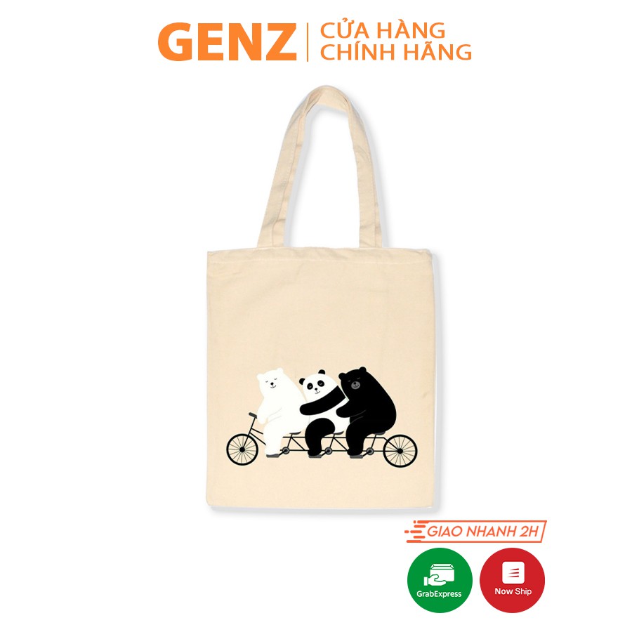 Túi tote GENZ vải canvas ulzzang unisex in hình 3 chú gấu We Bare Bears đạp xe ZB017