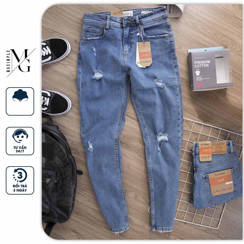 Quần Jean nam xanh rách nhẹ màu xanh cao cấp hàng vnxk chính hãng, chất đẹp - MGSIMPLE