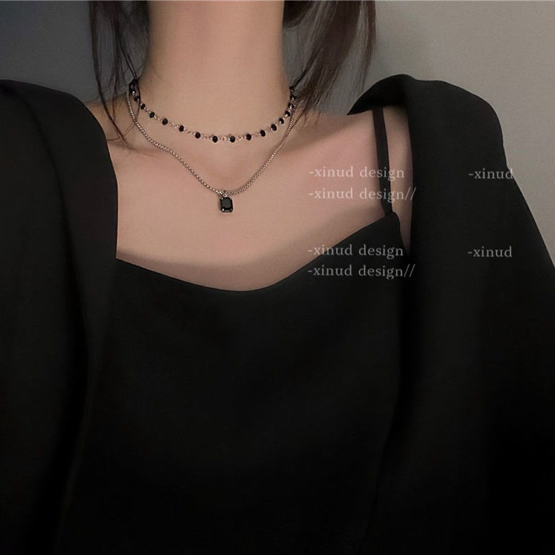 Vòng cổ Hai Lớp Xếp Chồng Đính Đá Kim Cương Đen 2021 Sang Trọng