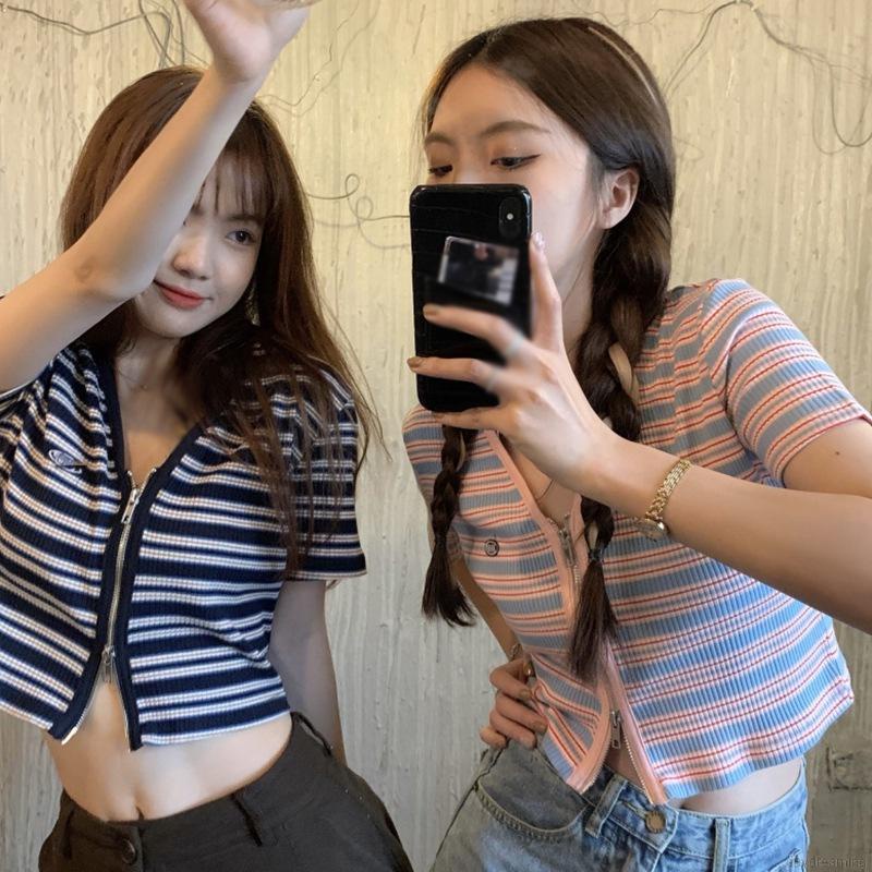 Áo Cardigan Dệt Kim Tay Ngắn Cổ Chữ V Phối Khóa Kéo Phong Cách Hàn Quốc Cho Nữ