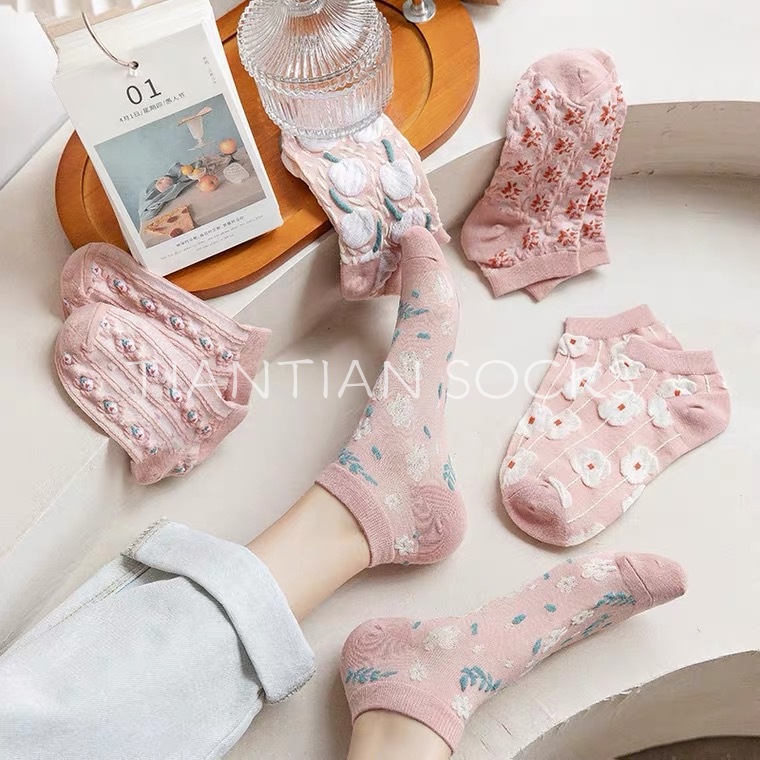 TIAN TIAN T155 Tất  nữ Cotton cổ ngắn Vớ cổ Thấp Màu Hồng Dễ Thương Phong Cách Hàn Quốc Thời Trang Cho Nữ