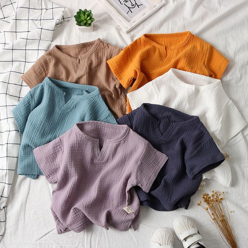 Áo thun MNGRL vải linen mềm mát màu trơn tay ngắn thoáng khí phong cách Hàn Quốc thời trang mùa hè cho trẻ em