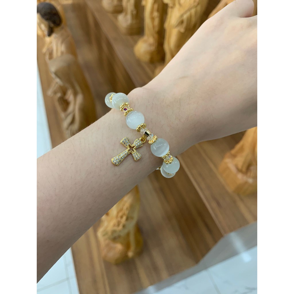Vòng Tay, Chuỗi Mân Côi Đá Trắng Mix Thánh Giá Bạc Thái Mạ Vàng Sang Trọng