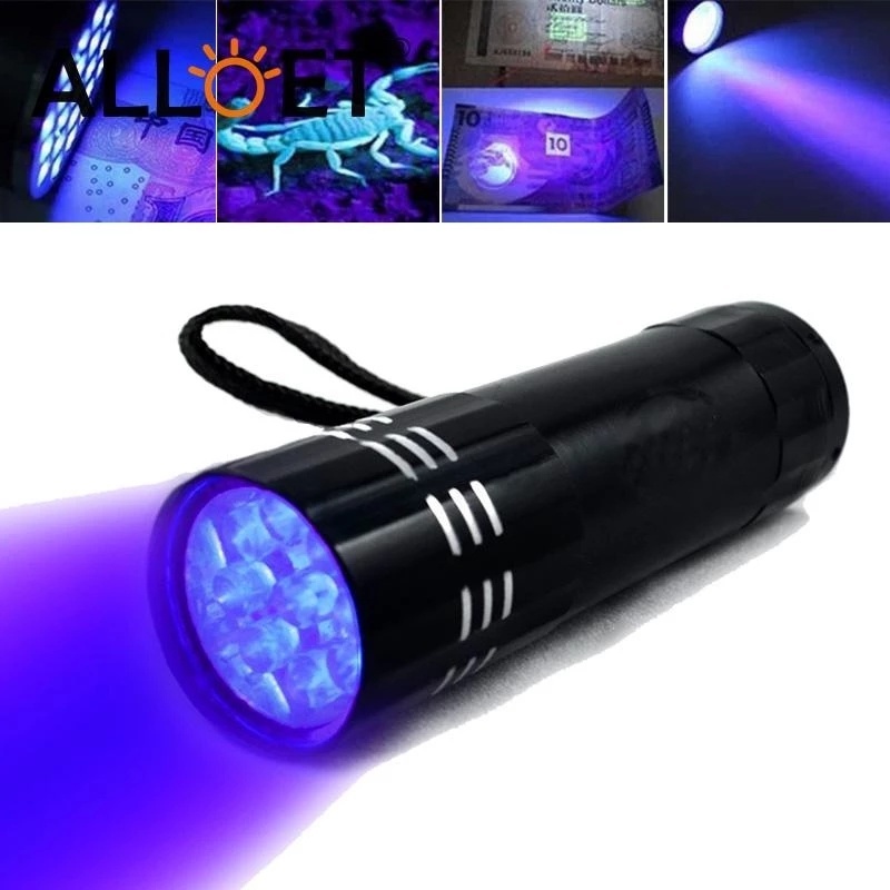 Đèn pin 9 LED chiếu tia cực tím UV phát hiện nước tiểu cún mèo cưng vết bẩn khô rệp giường ánh sáng đen tiện lợi