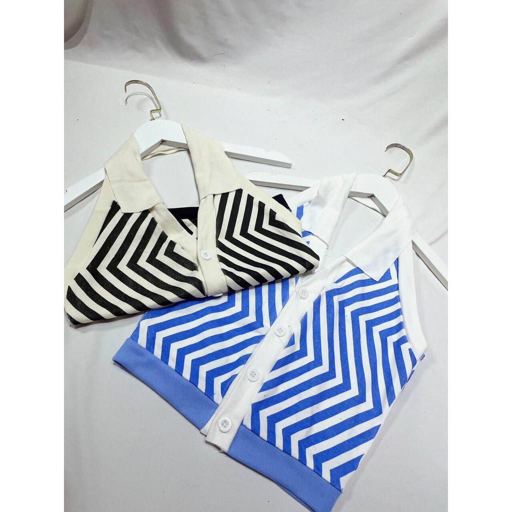 ÁO CROPTOP SỌC VẰN CỔ BẺ DÁNG YẾM
