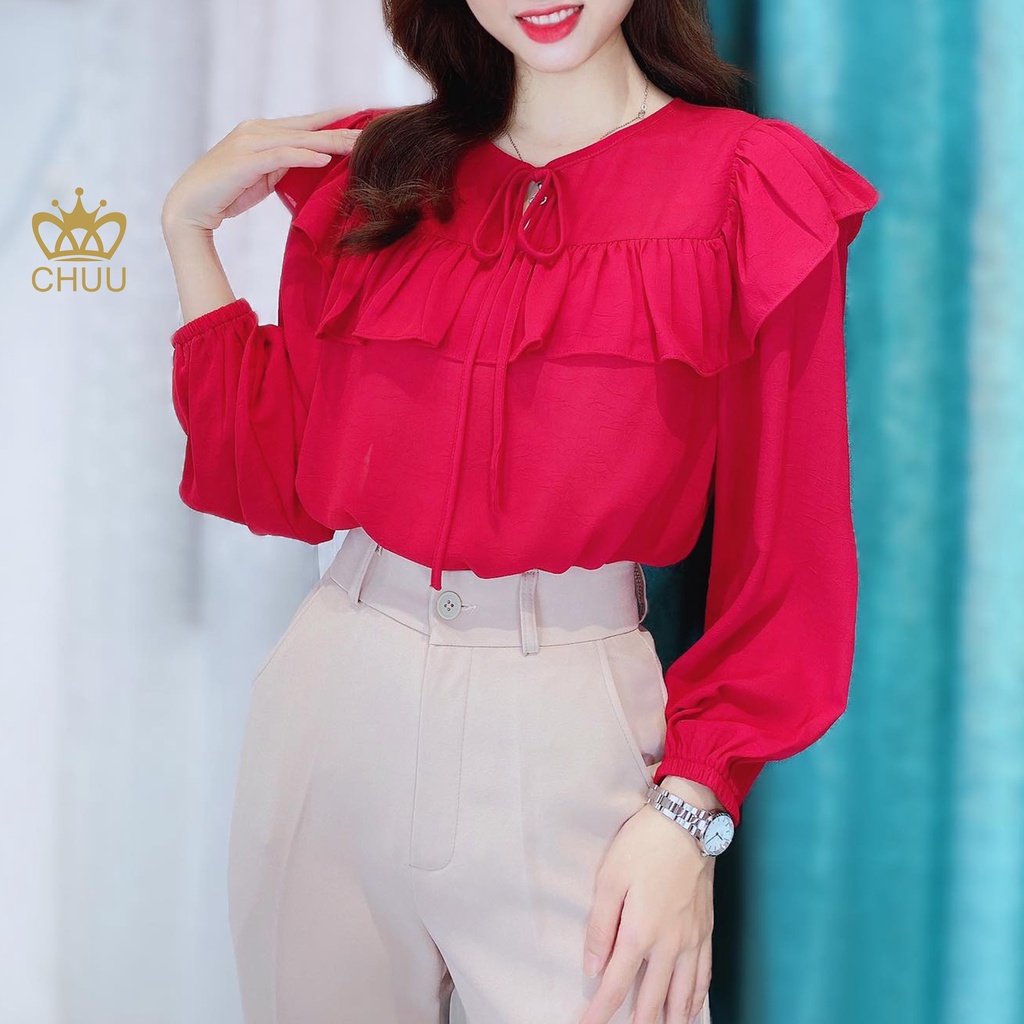 Áo kiểu công sở nữ viền bèo lớn cổ thắt nơ tay dài CHUU A6959