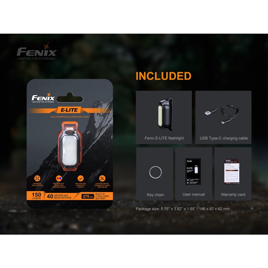Đèn pin FENIX E-LITE độ sáng 150 lumen chiếu xa 40 mét cổng sạc USB pin liền thân 275mAh