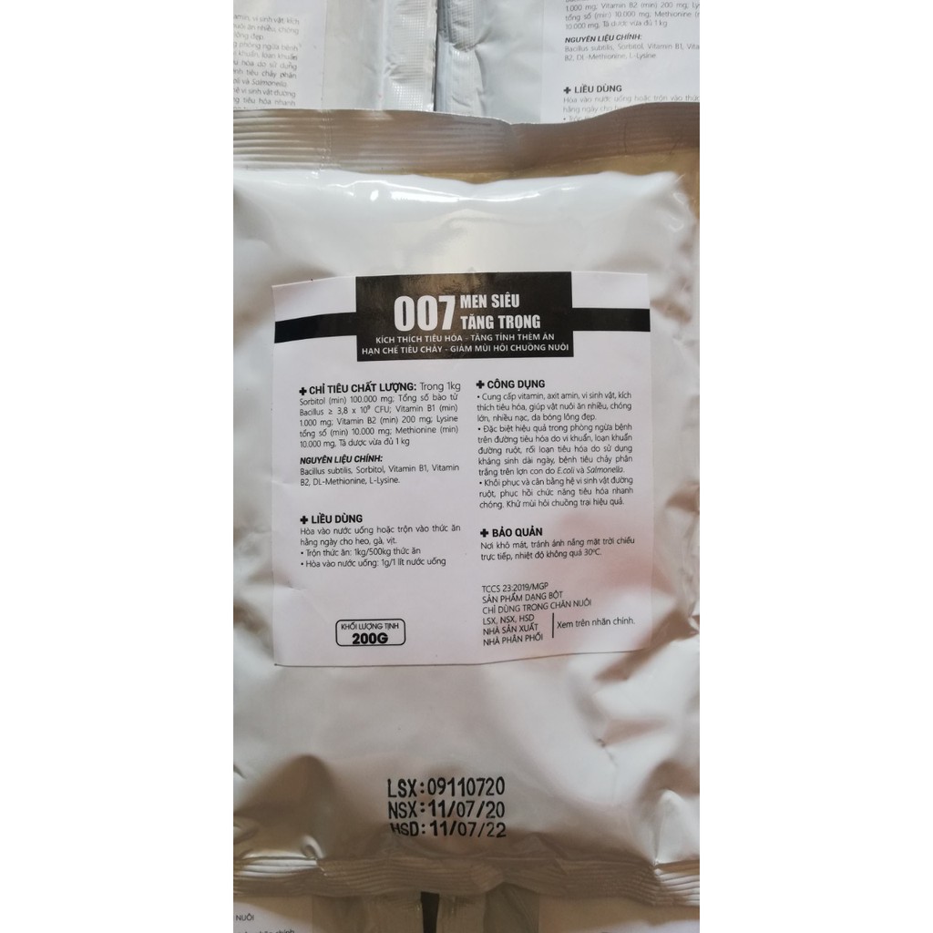 1kg Men Siêu Tăng Trọng 007- 5 trong 1 dùng cho gia súc, gia cầm, Chó mèo