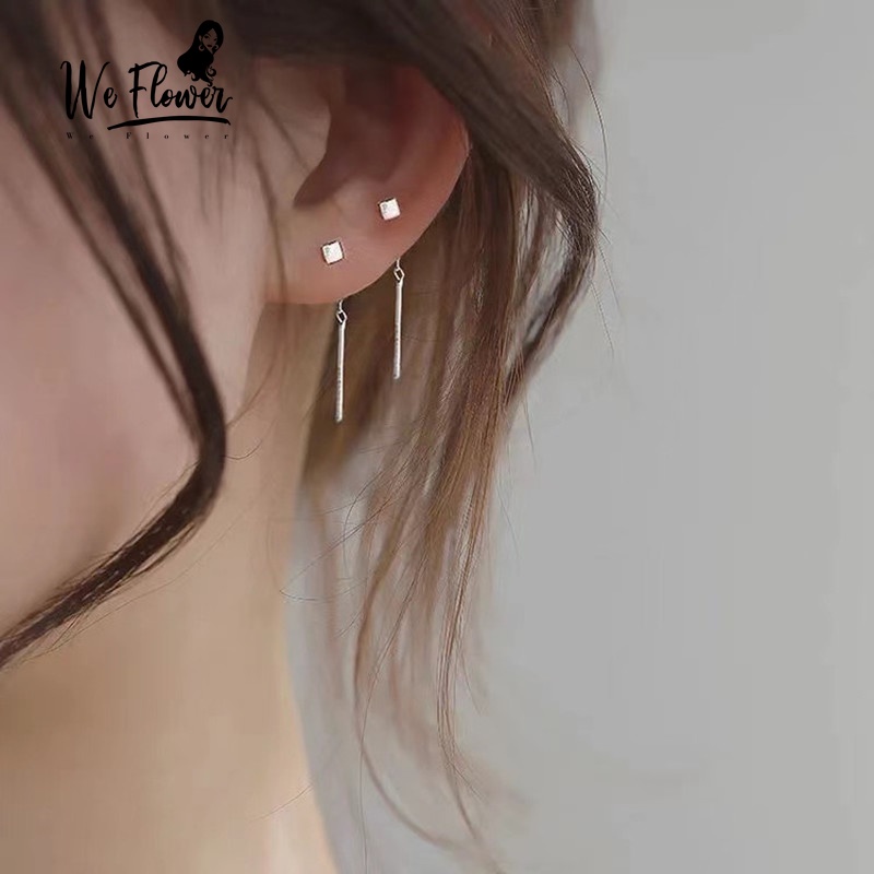 We Flower Đôi bông tai bạc 925 hình khối lập phương phối hoa tua rua thời trang cho nữ