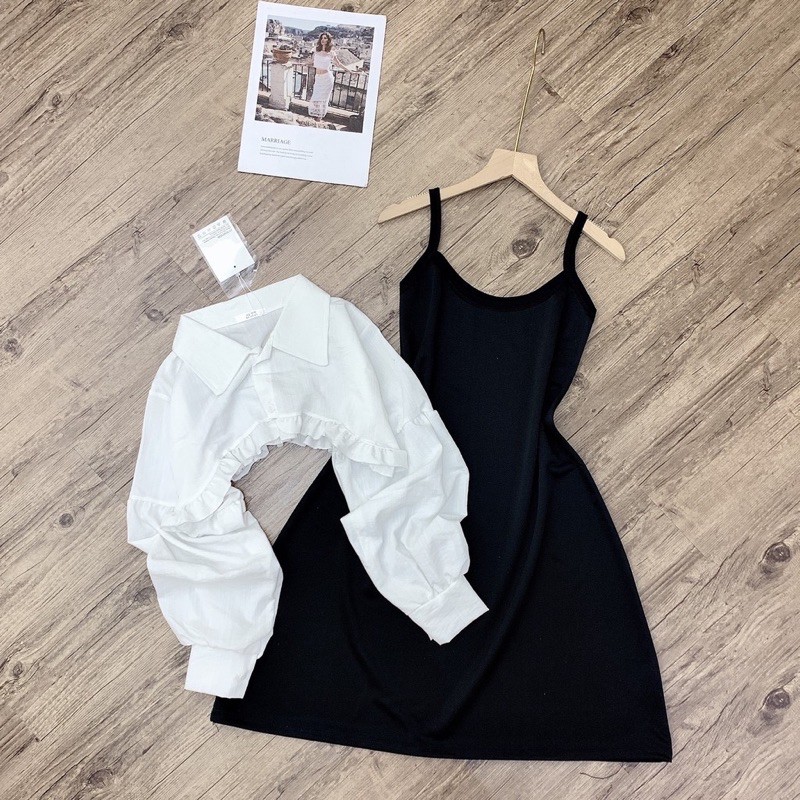 [Rẻ Vô Địch]Set Áo Croptop Sơ Mi Bèo Trắng Dài Tay Mix Váy 2 Dây xoè Thời Trang Nữ Hot Hit