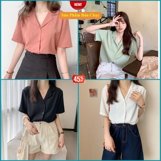Áo sơ mi tay ngắn cổ vest nữ form rộng đẹp freesize Hàn Quốc cổ vest A6 Syndra