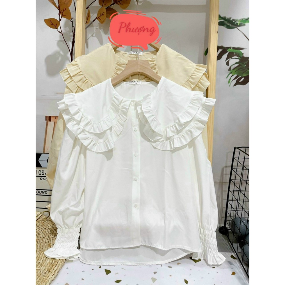 Áo Sơ Mi Nữ Cổ Bèo Tay Phồng Đuôi Tôm Chất Kaki Mềm Phong Cách