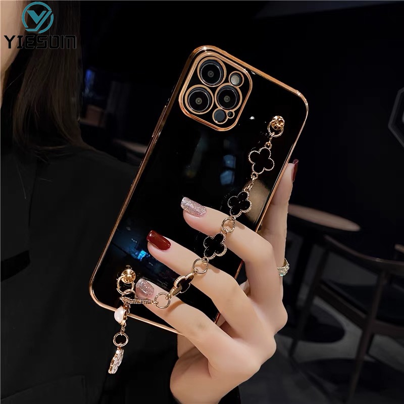 Ốp Điện Thoại Silicon Mềm Họa Tiết Lá May Mắn Có Dây Đeo Tay Cho iPhone XR X XS Max 7 8 6 6s Plus