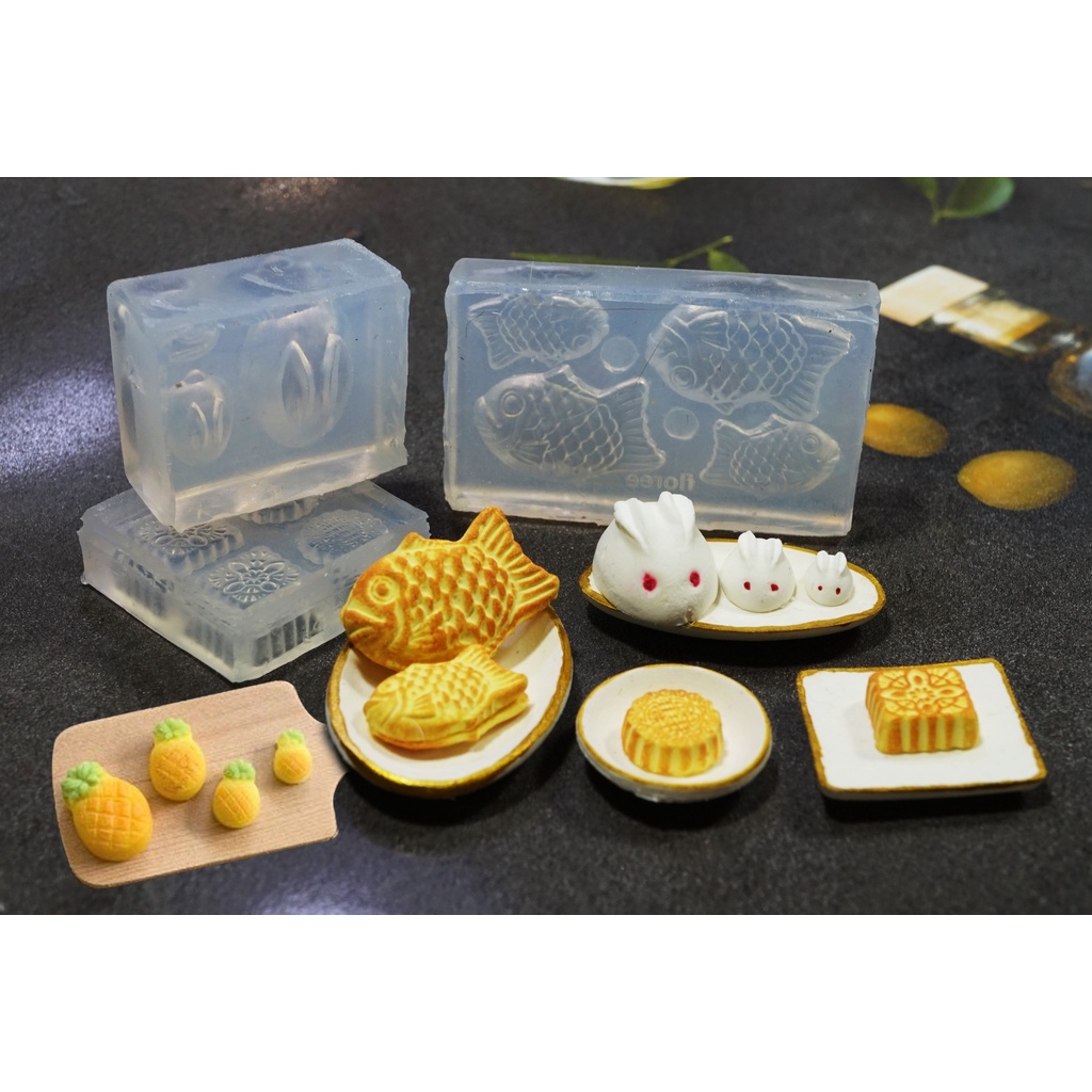 Khuôn silicone trong dẻo nặn đất sét đồ ăn mini nhà búp bê mô hình thức ăn minifood dollhouse bánh trung thu bánh dứa