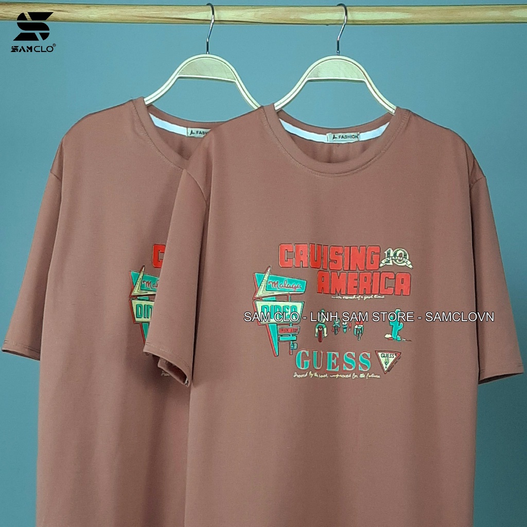 Áo thun tay lỡ nữ freesize phông form rộng Unisex, mặc lớp, nhóm, cặp in chữ Cruise AMERICAN-GUESS màu nâu
