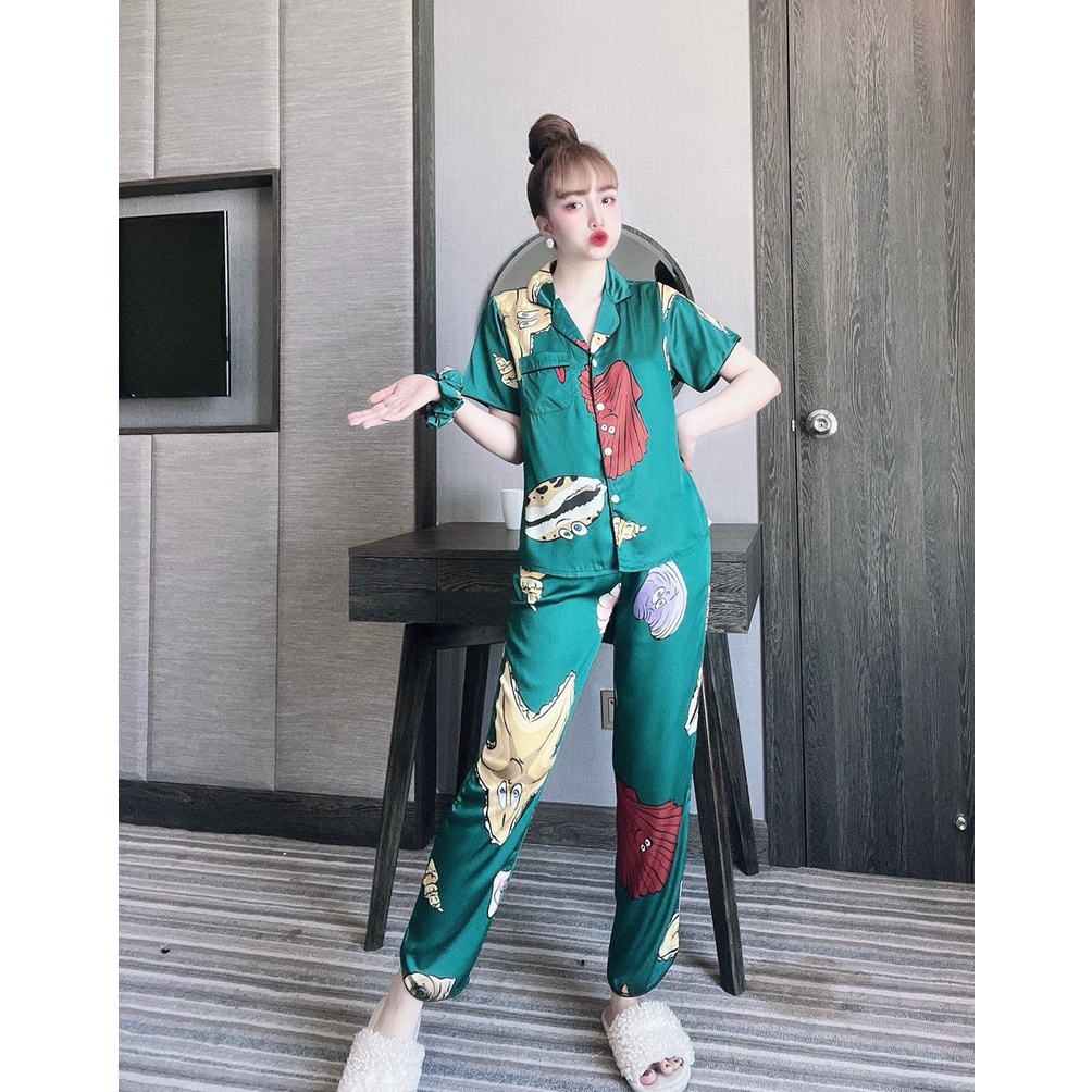 Pijama lụa tay ngắn phối màu lạ mắt, họa tiết siêu yêu