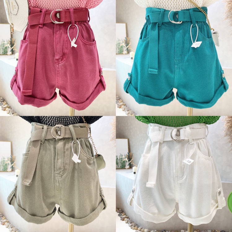 Quần Short Jeans Lưng Cao Ống Rộng Có Túi Kèm Thắt Lưng Thời Trang Cá Tính Cho Nữ