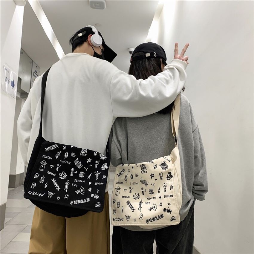 Túi đeo chéo vải canvas cao cấp đựng vừa khổ a4 đi học đi chơi Hàn Quốc