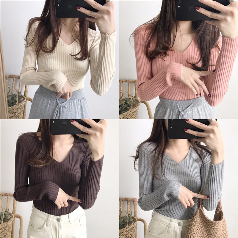 Áo len nữ tay dài cổ chữ V thời trang quyến rũ