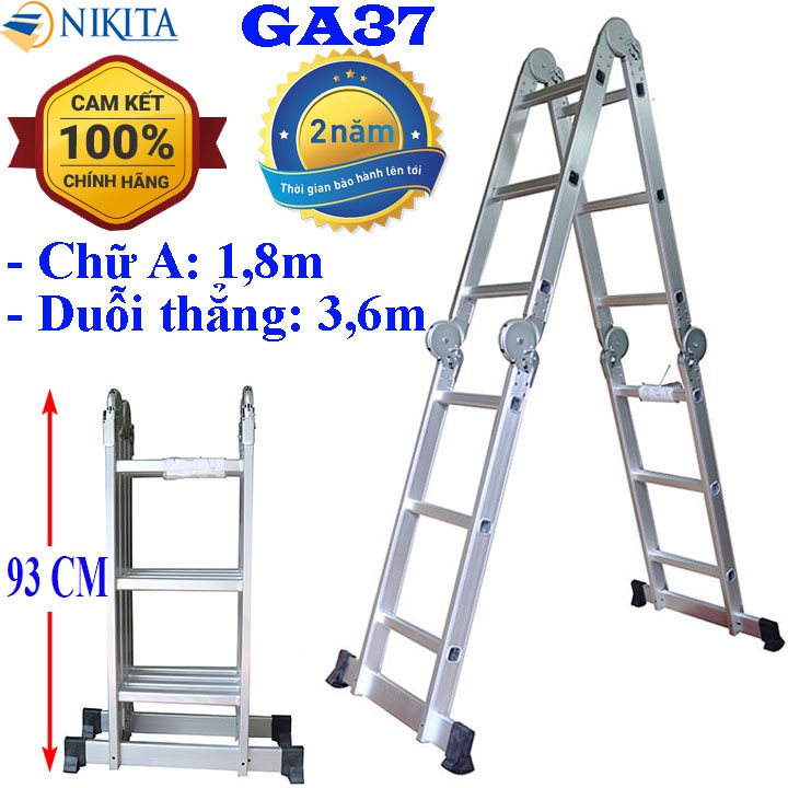 Thang nhôm gấp 4 đoạn Nikita GA37 - Chữ A 1,8m duỗi thẳng 3,6m