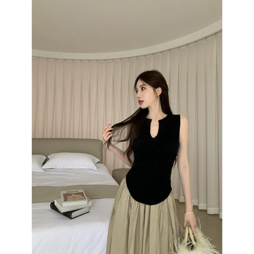 Cocory vn Áo Dệt Kim Sát Nách Cổ Chữ V Khoét Sâu Màu Đen Thời Trang Mùa Hè Cho Nữ