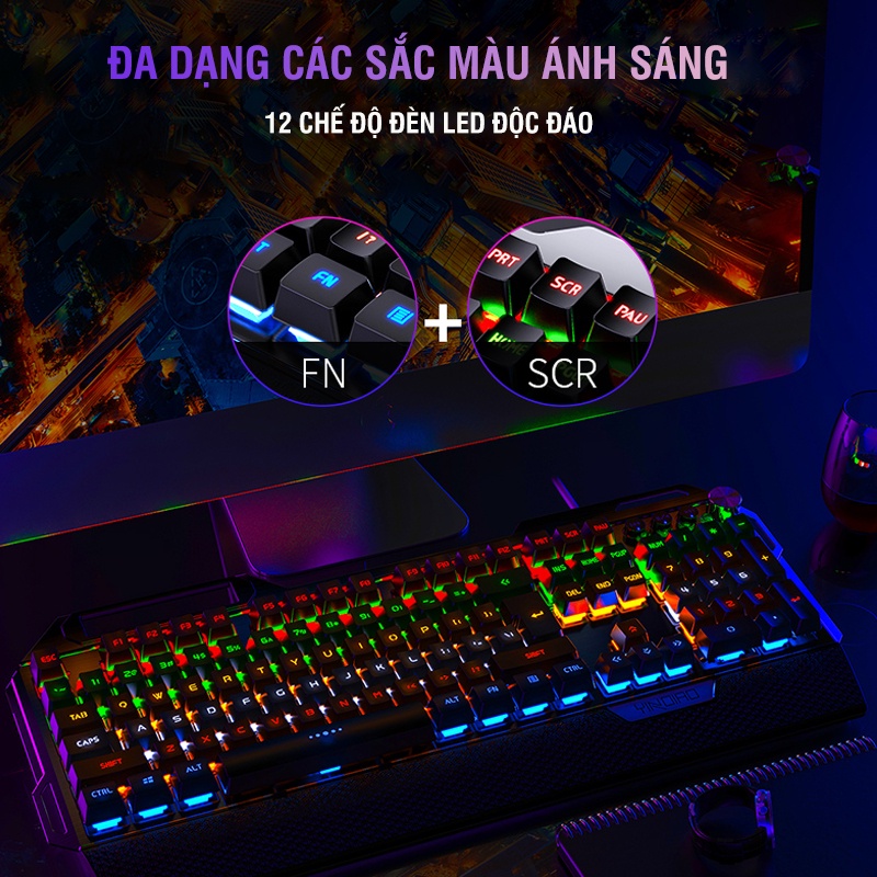 Bàn phím cơ giá rẻ K100 blue switch chơi game có giá đỡ điện thoại và kê tay nhiều chế độ đèn LED nổi bật