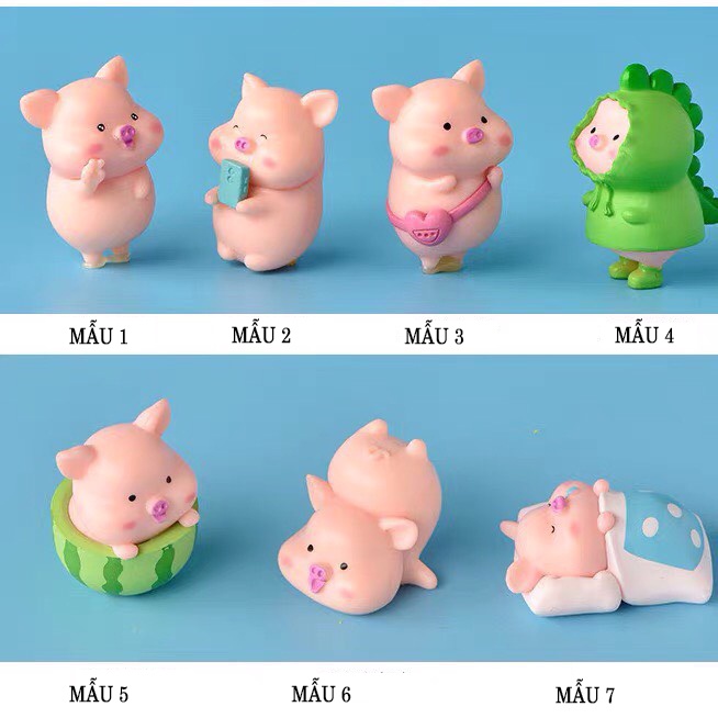 Set 6 mô hình heo hồng, tượng heo dưa hấu tiểu cảnh đáng yêu Ráp trang trí bàn làm việc, bàn học, để xe taplo ô tô