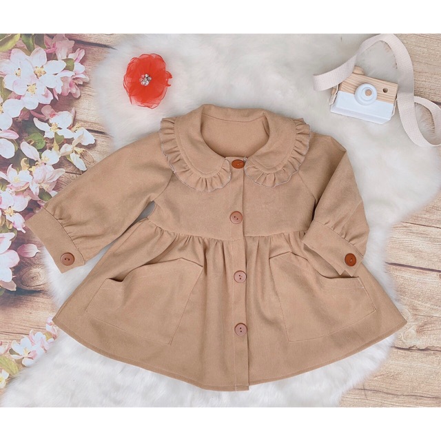 Váy đầm thu đông dài tay thiết kế cho bé gái từ 3 tháng tuổi (6-32kg) chất dạ nhung màu be cổ bèo