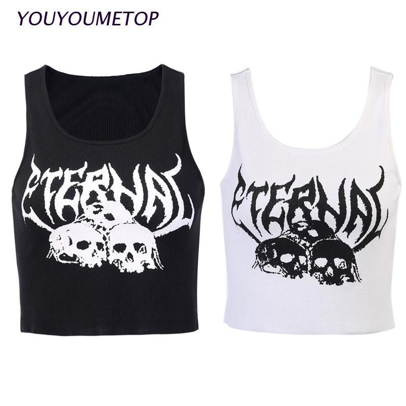 Áo croptop sát nách in chữ và đầu lâu phong cách harajuku punk 90s cá tính cho nữ